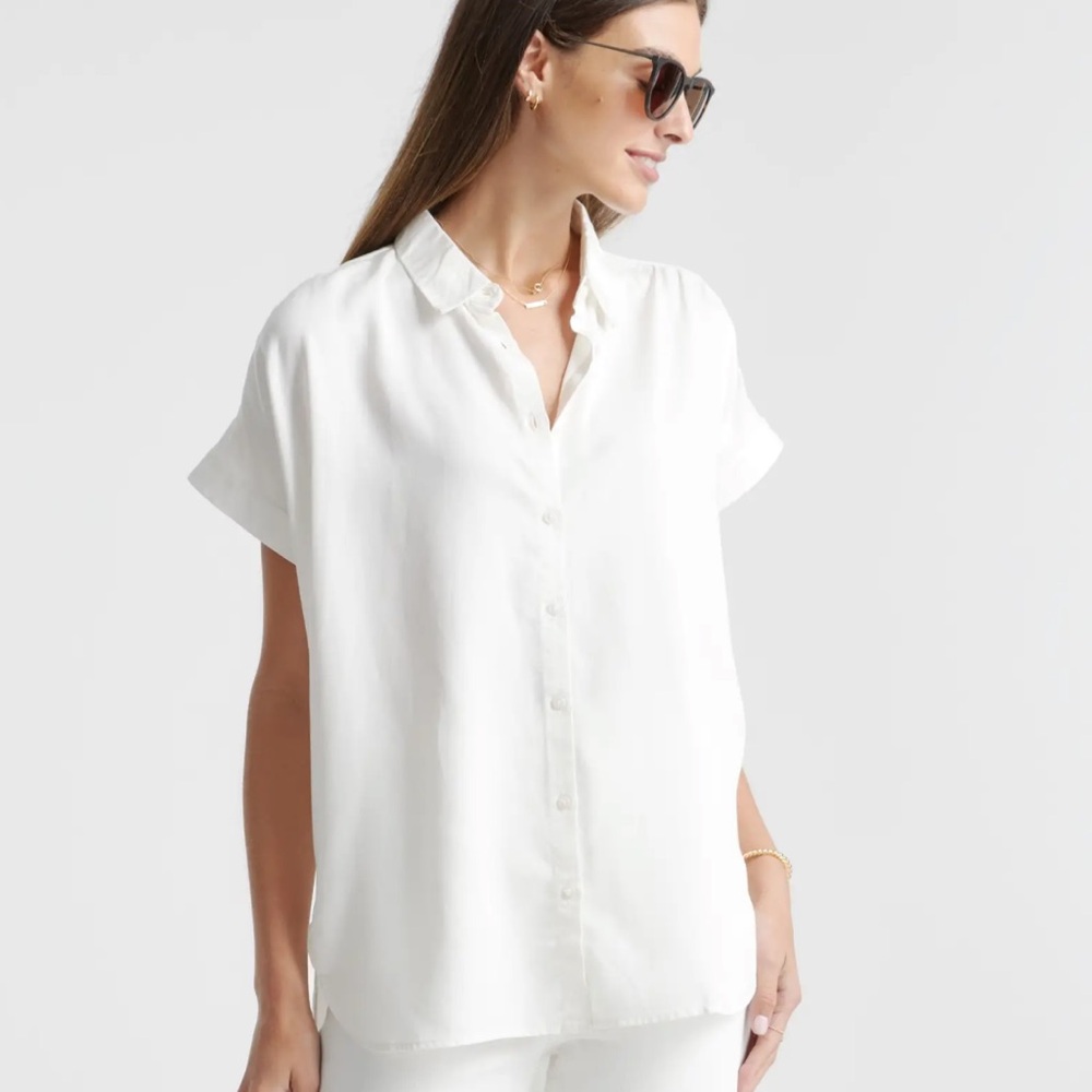 Quince Vintage Wash Tencel Camp Shirt White sz L Button Front Top
